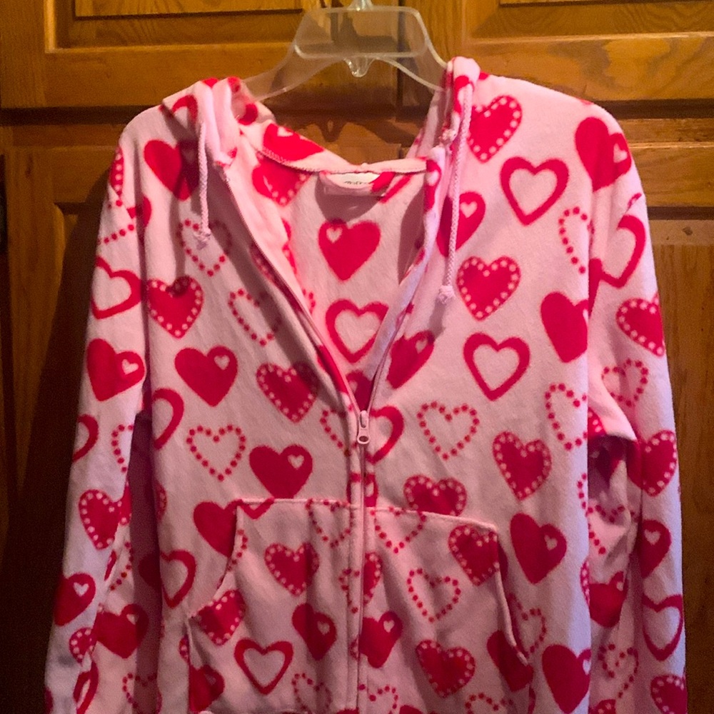 ladies hooded  fleece  pajama’s with feet  heart design